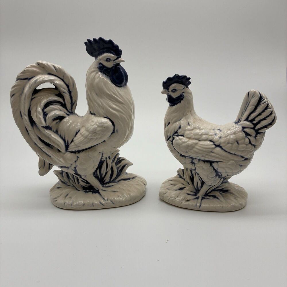 Handmade Blue And White Rooster 6.5” Tall And Chicken 5.5” Tall. 2 Piece Set